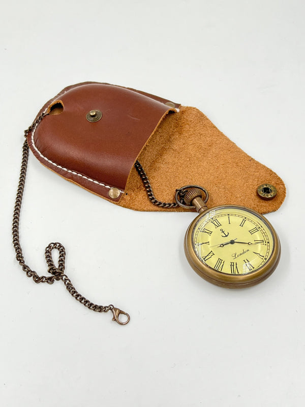 Victoria London Antiqued Brass Pocket Watch with Leather Case - Antique Vintage Style