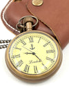 Victoria London Antiqued Brass Pocket Watch with Leather Case - Antique Vintage Style