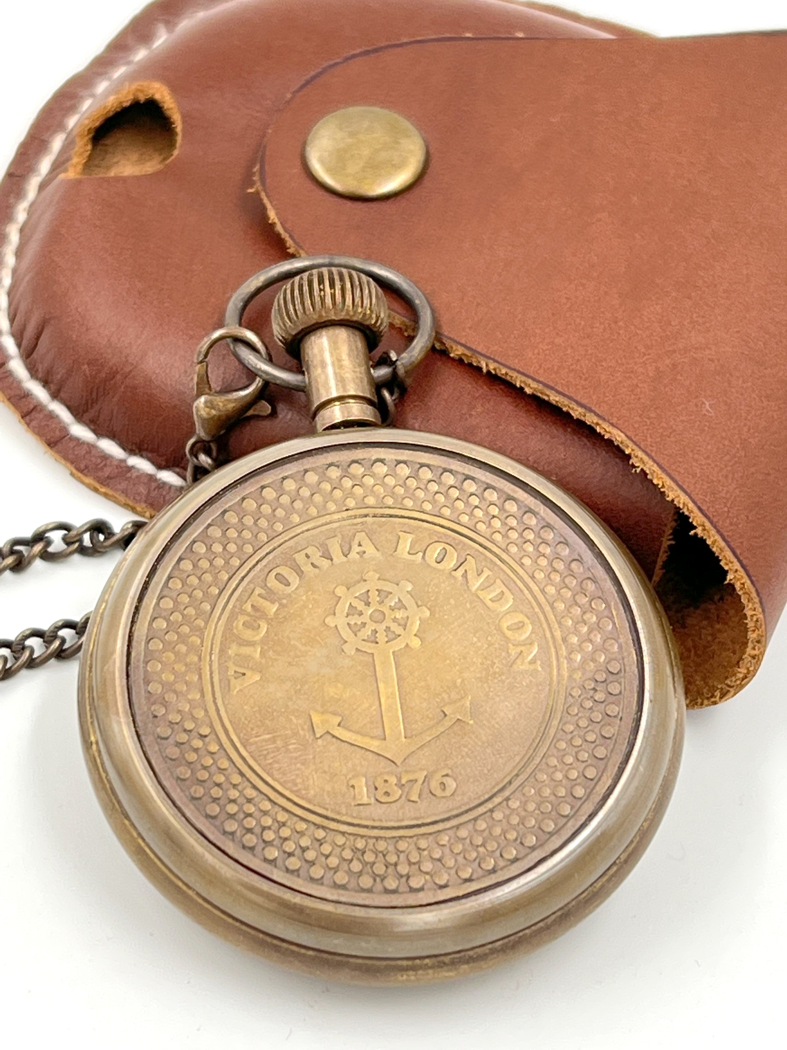 Victoria London Antiqued Brass Pocket Watch with Leather Case - Antique Vintage Style