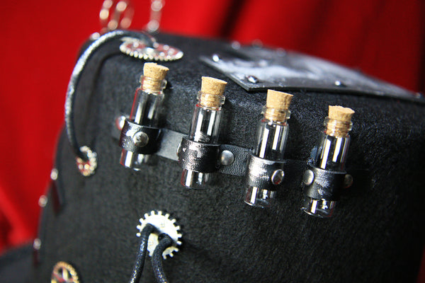 Steampunk Black Top Hat with Gears, Goggles, and Leather Accents