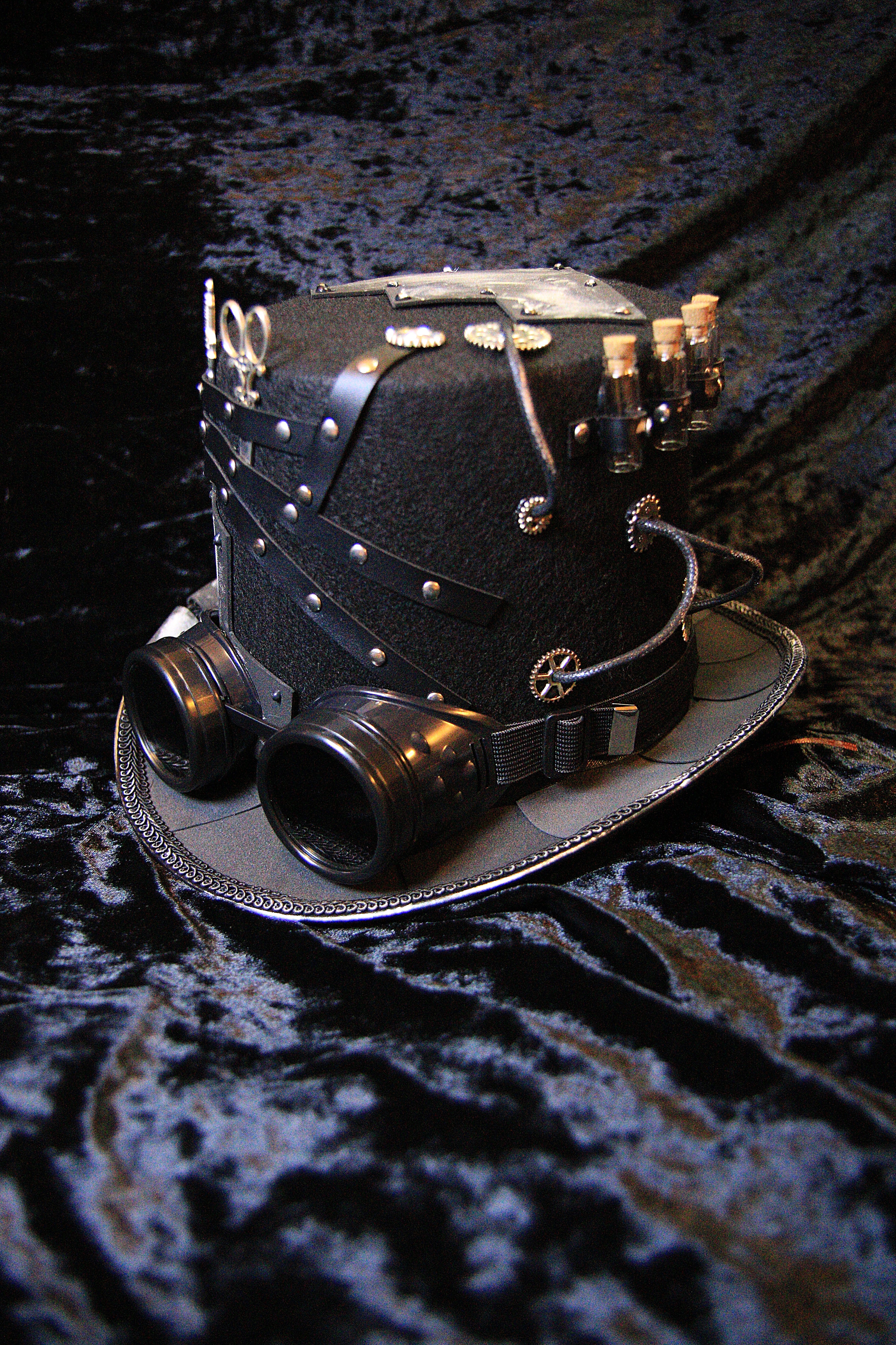 Steampunk Black Top Hat with Gears, Goggles, and Leather Accents