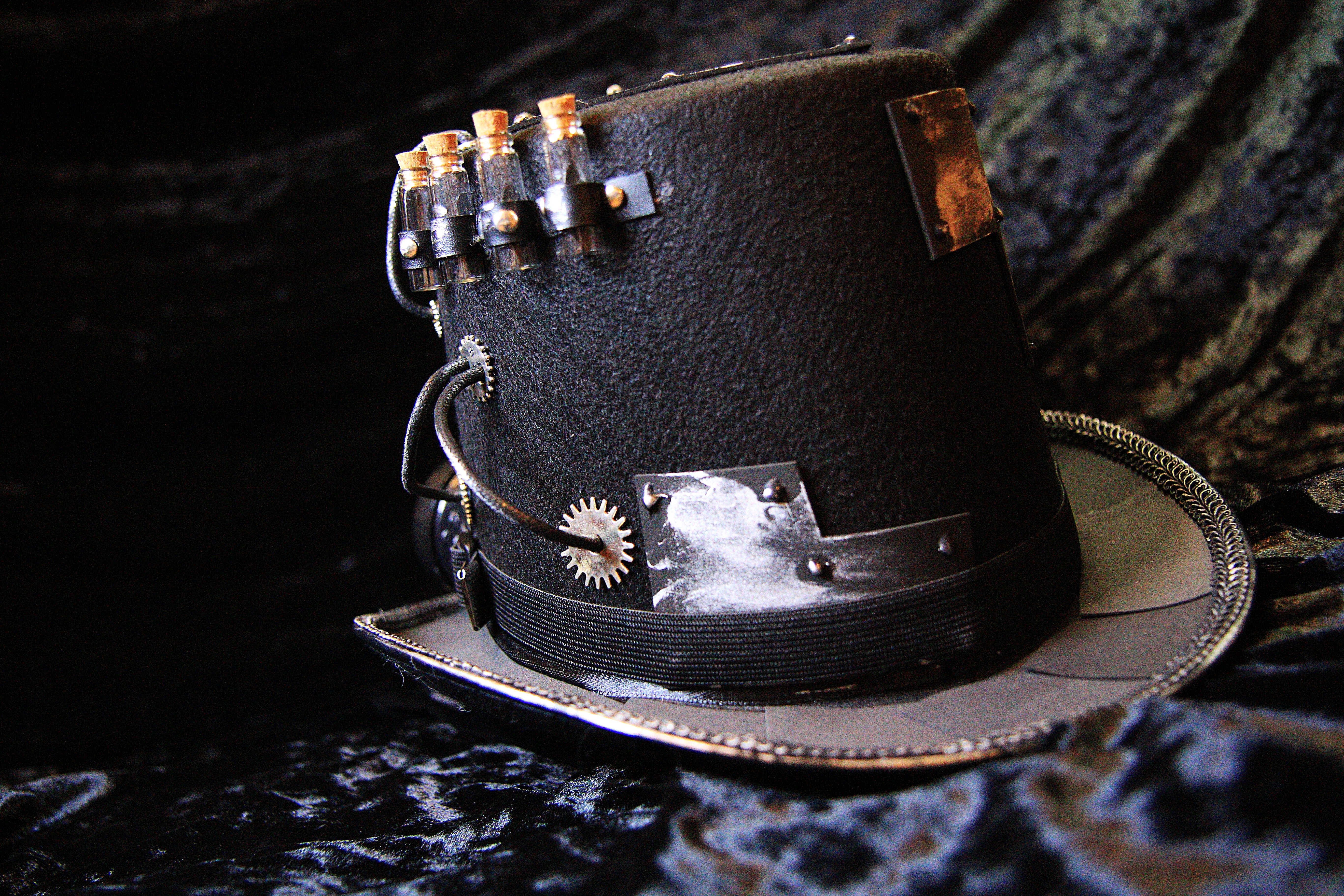 Steampunk Black Top Hat with Gears, Goggles, and Leather Accents