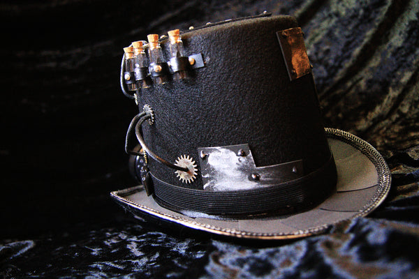 Steampunk Black Top Hat with Gears, Goggles, and Leather Accents