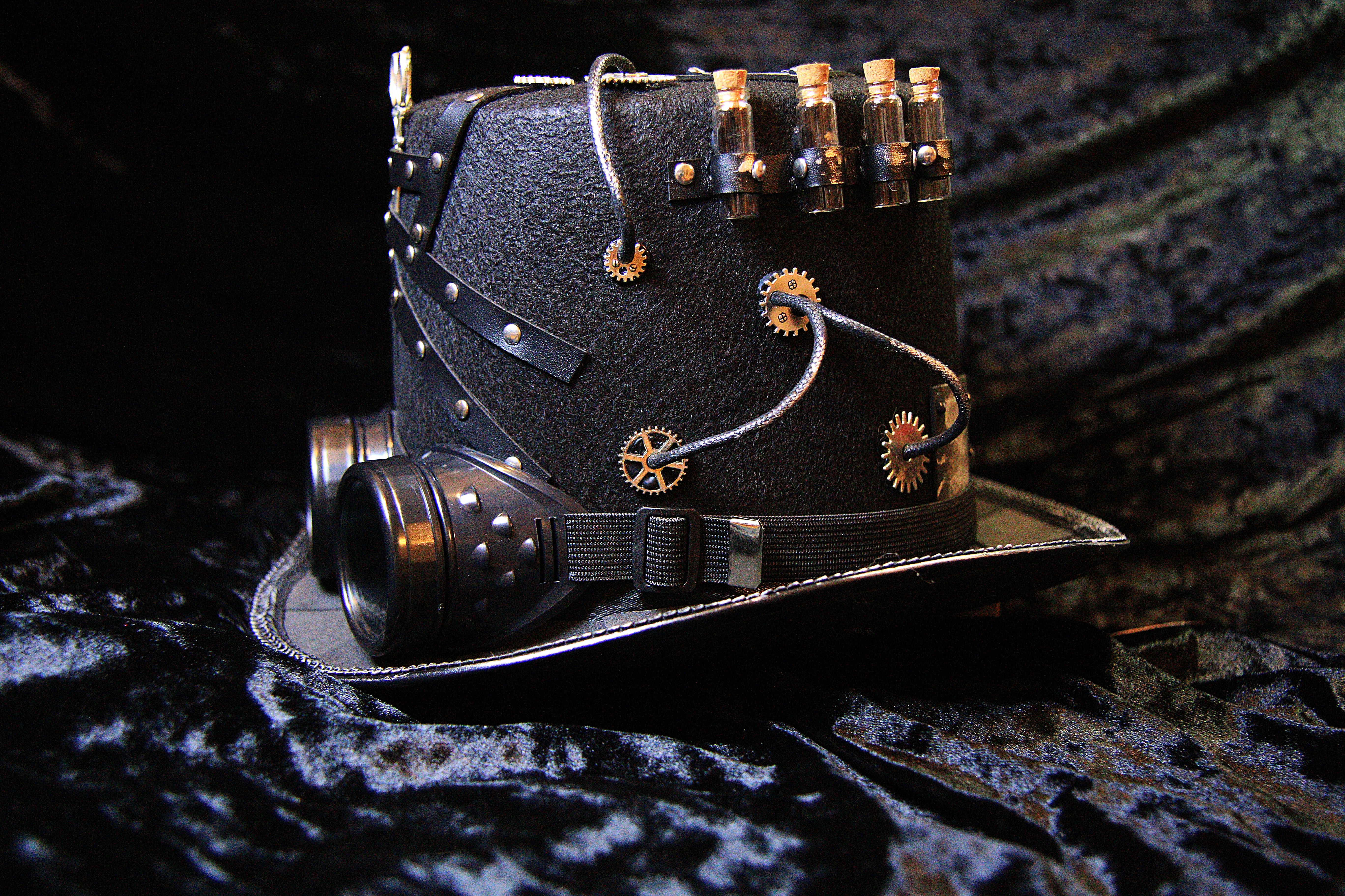 Steampunk Black Top Hat with Gears, Goggles, and Leather Accents