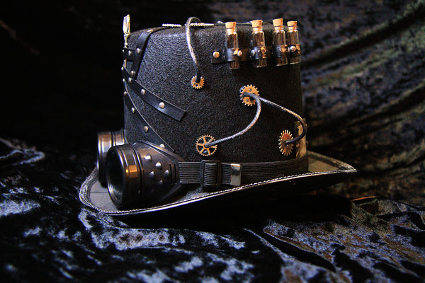 Steampunk Black Top Hat with Gears, Goggles, and Leather Accents