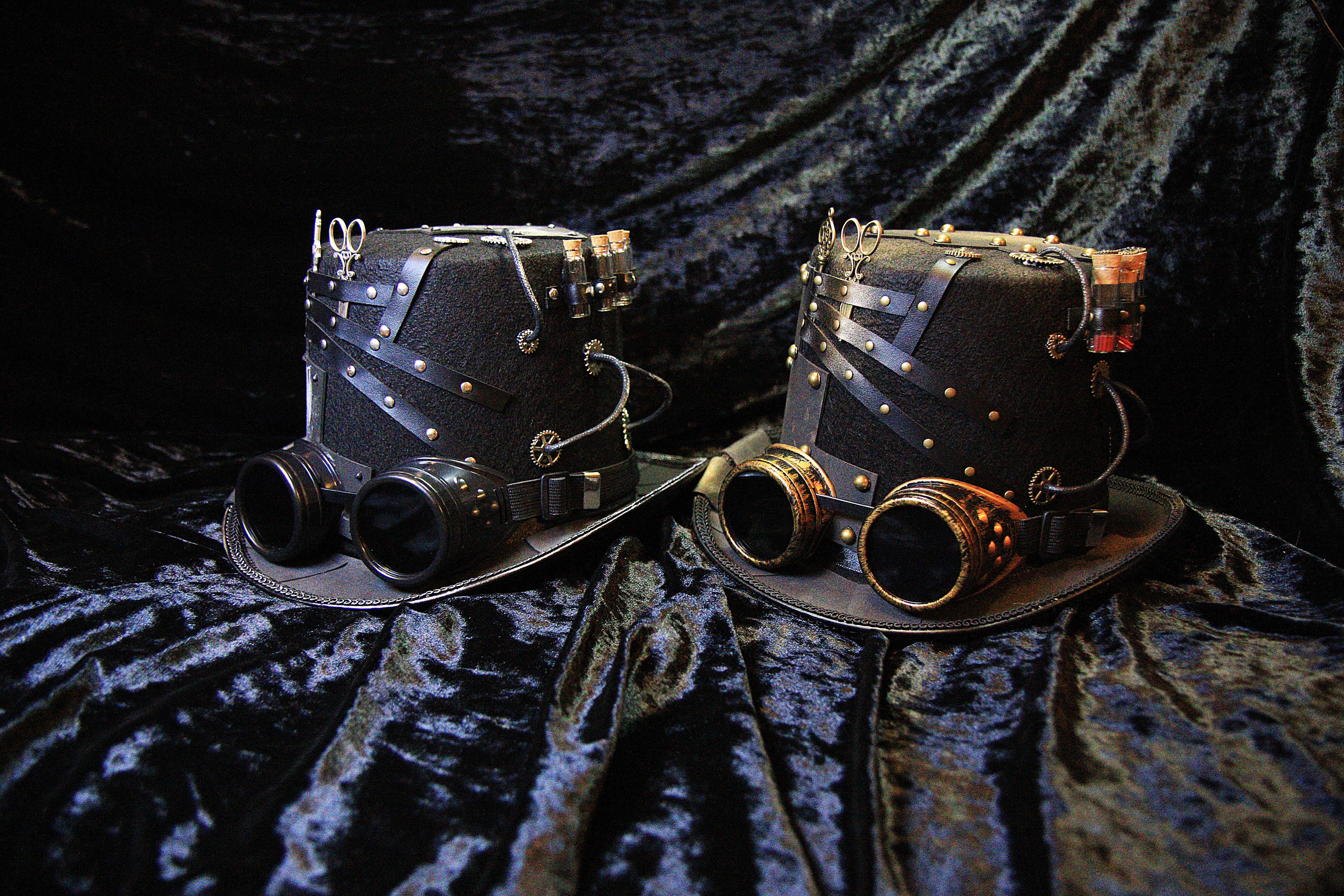 Steampunk Black Top Hat with Gears, Goggles, and Leather Accents