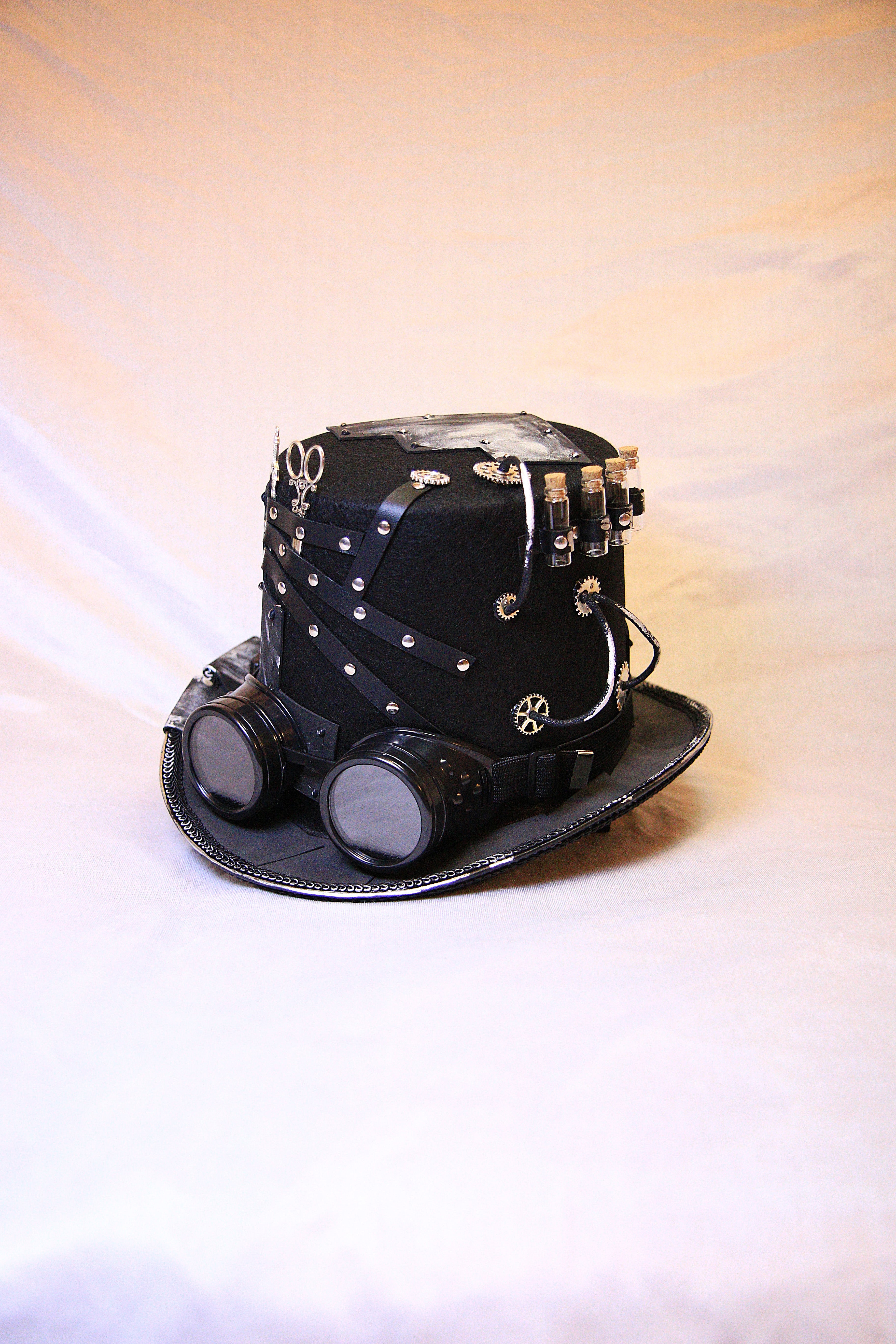 Steampunk Black Top Hat with Gears, Goggles, and Leather Accents