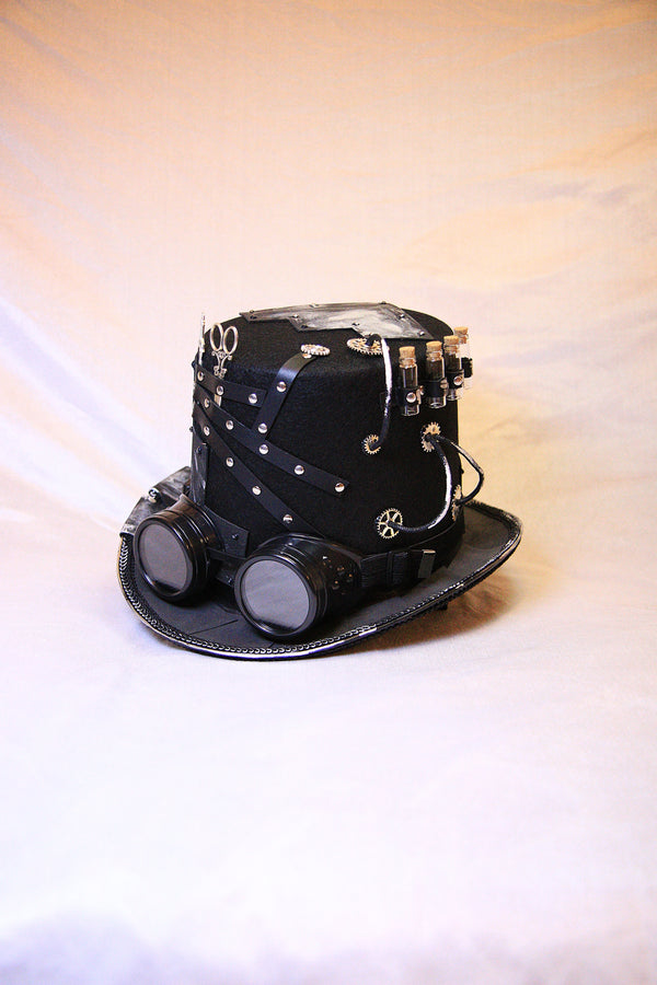 Steampunk Black Top Hat with Gears, Goggles, and Leather Accents