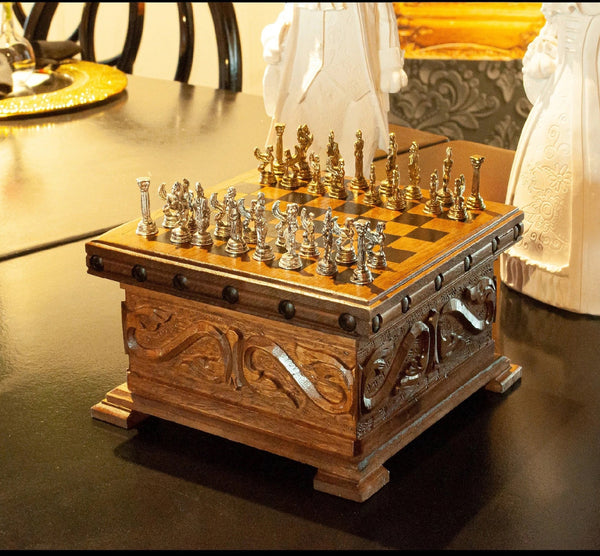 Chess Set with Storage, Handmade Custom Chess Set & Board with Hidden Key