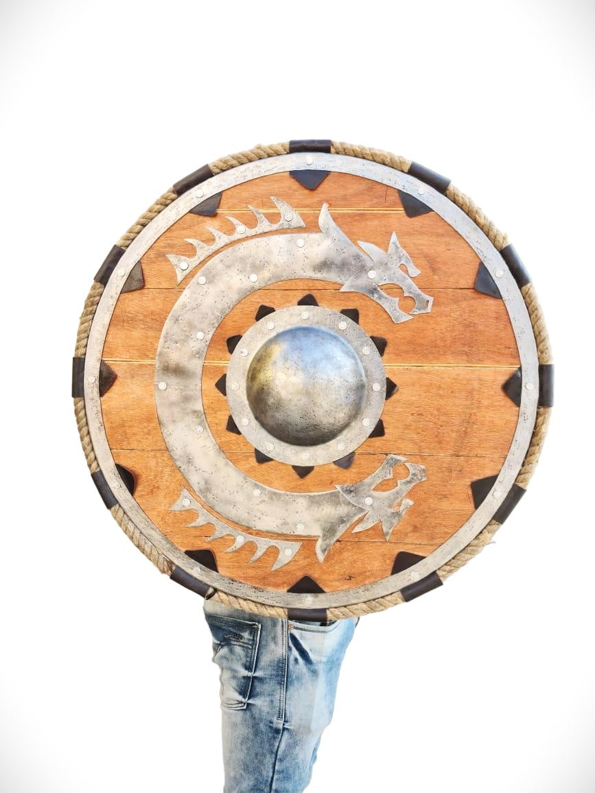 Viking Flying Dragon Wooden Shield Handcrafted with Antique Finish