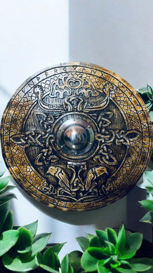 Carved Norse Runic Shield with Jörmungandr Ornaments, 24" Warrior Shield Handcrafted