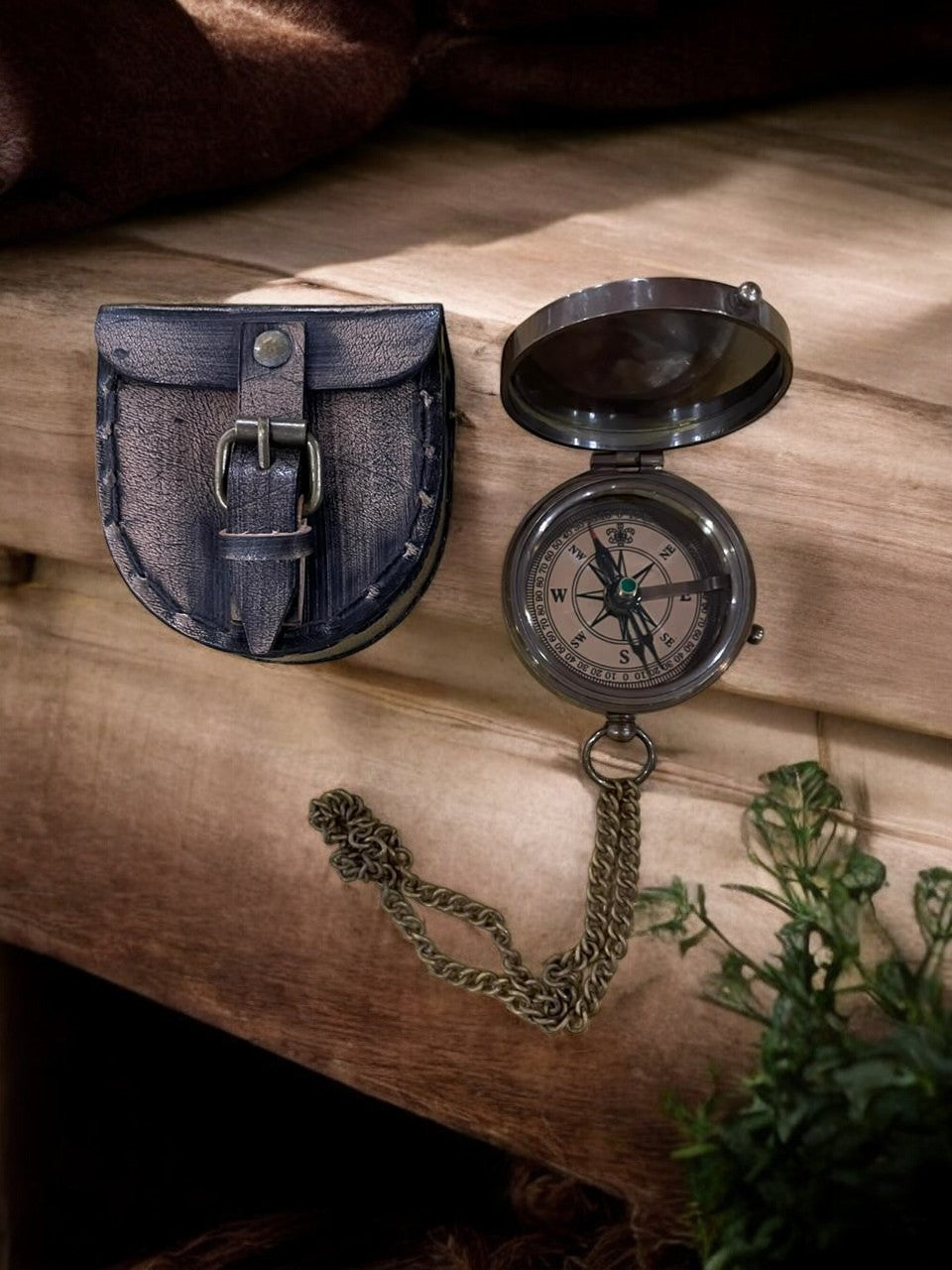 Explorer’s Essential Handcrafted Brass Compass with Chain & Leather Case – Personalizable