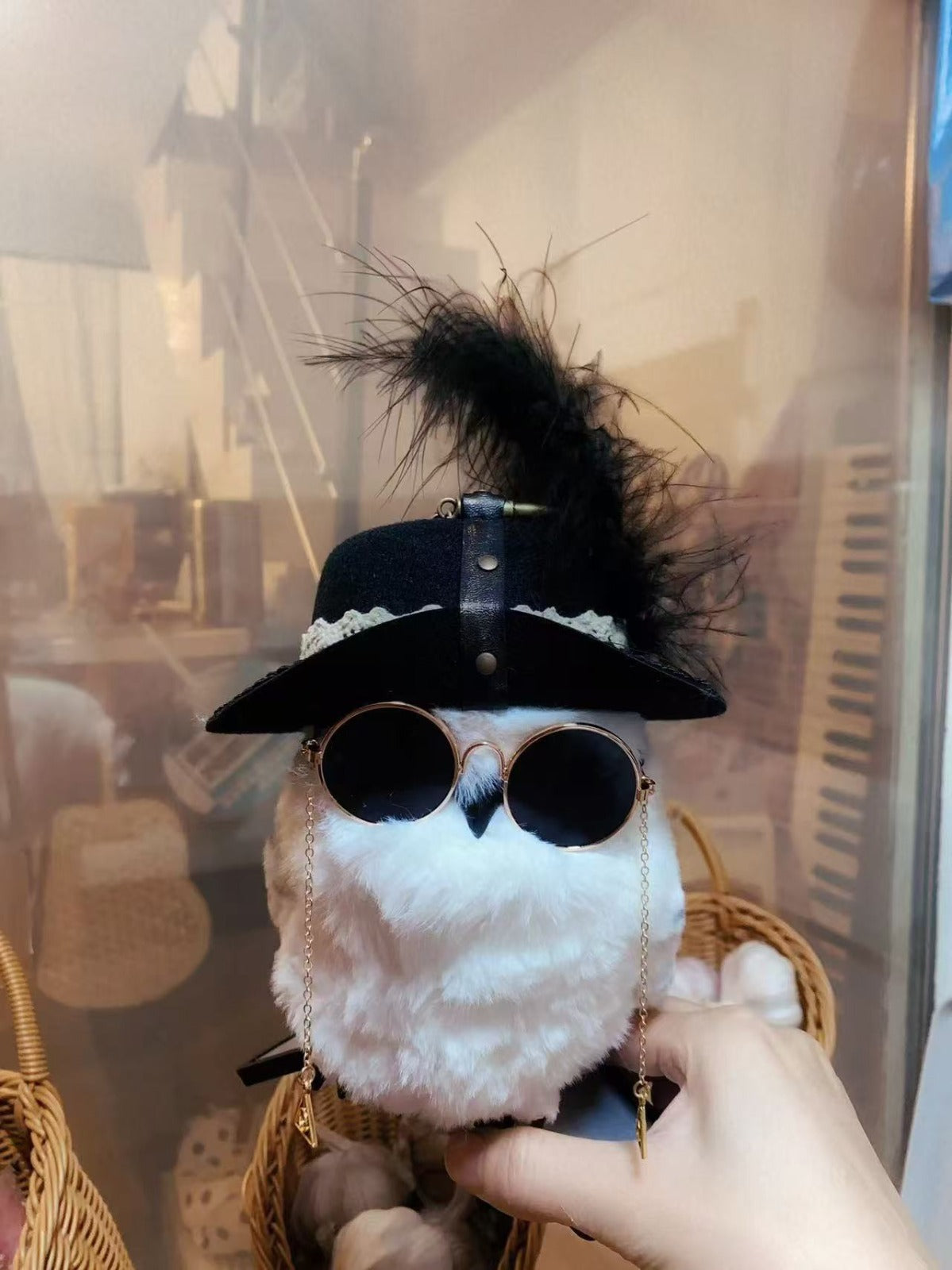 Steampunk Mini Pet Hat with Feather Accent & Sunglass Chains