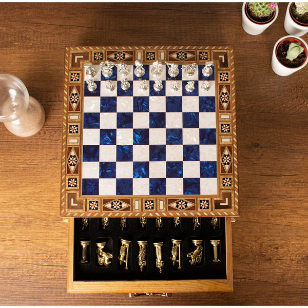 Premium Handmade Chess Set Board with Storage Metal Theme Chess Pieces