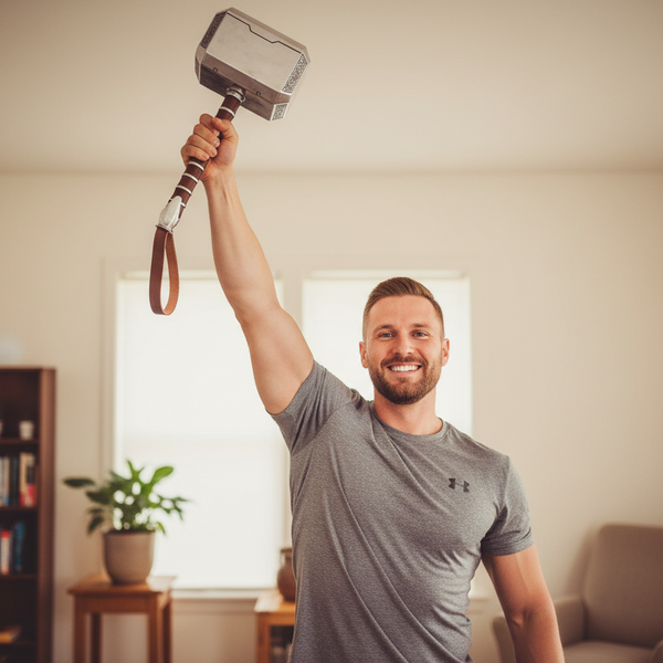Man holding a large hammer above his head in a room with a couch and bookshelf.