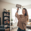 Woman holding a camera stabilizer in a living room
