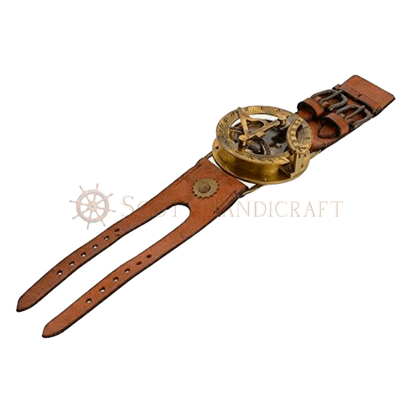 Brass Nautical Antique Steampunk Sundial Compass Wrist Watch W/Leather Bracelet.