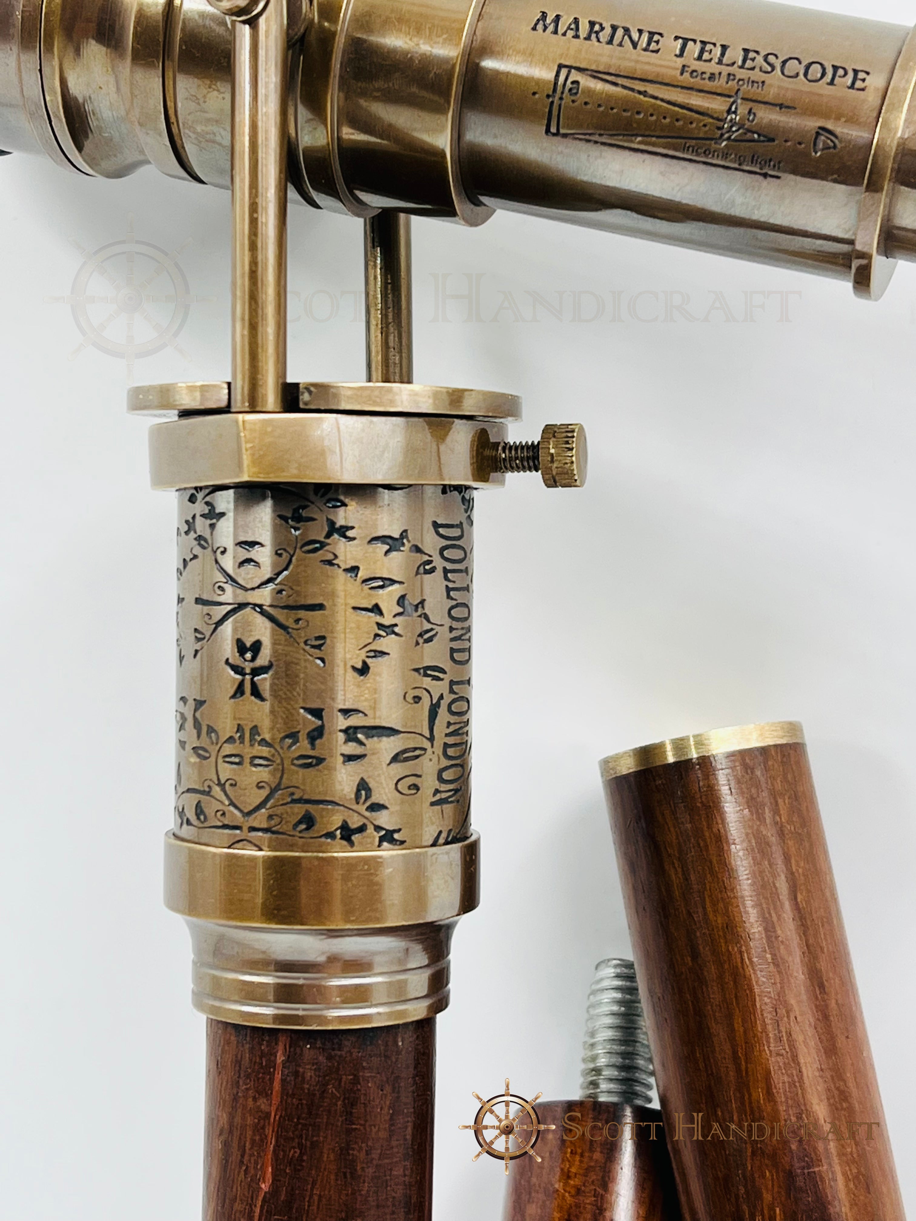 Collapsable Compass Vintage Wooden Walking Stick – Functional Brass Telescope & Compass, C
