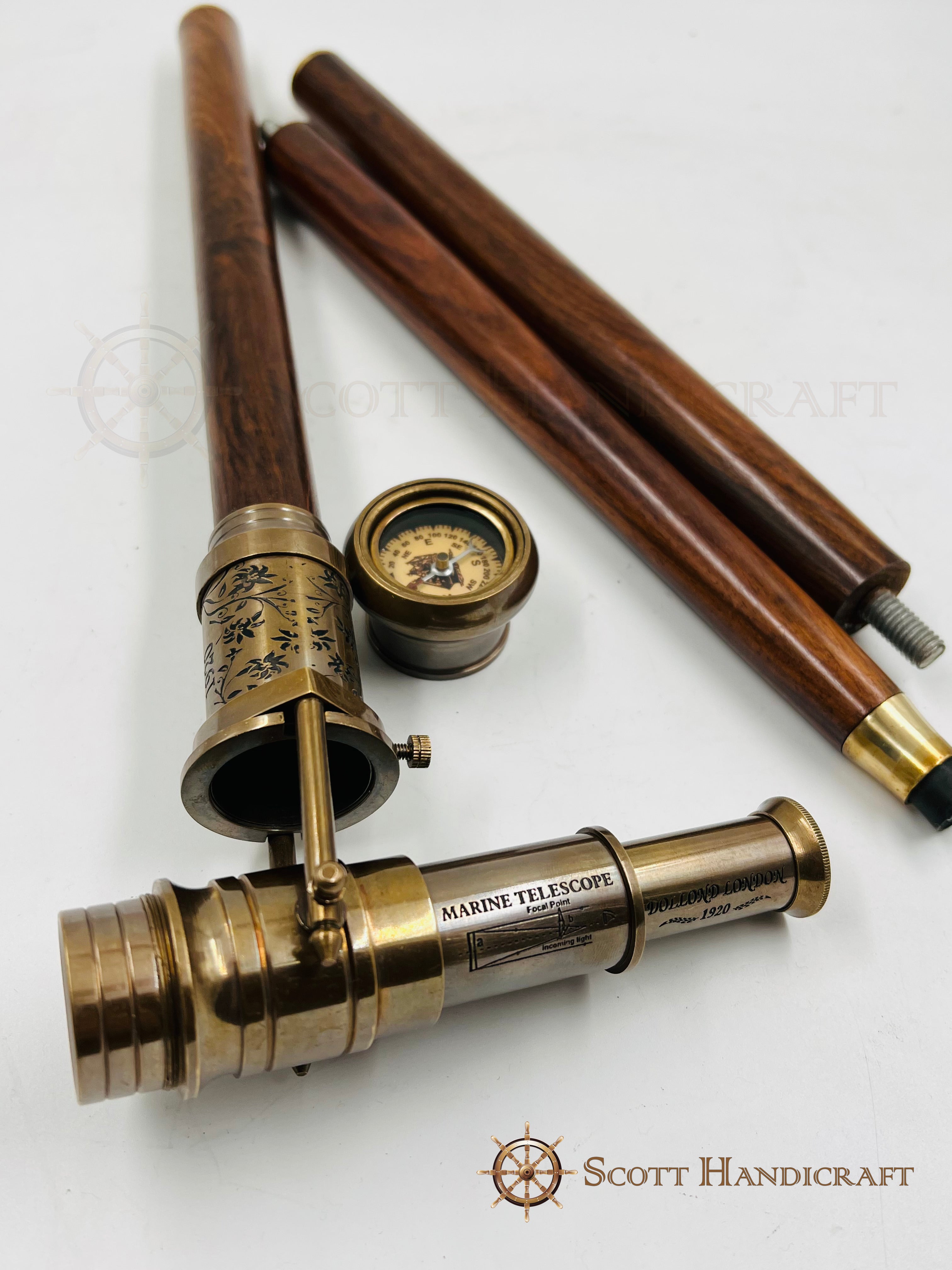 Collapsable Compass Vintage Wooden Walking Stick – Functional Brass Telescope & Compass, C