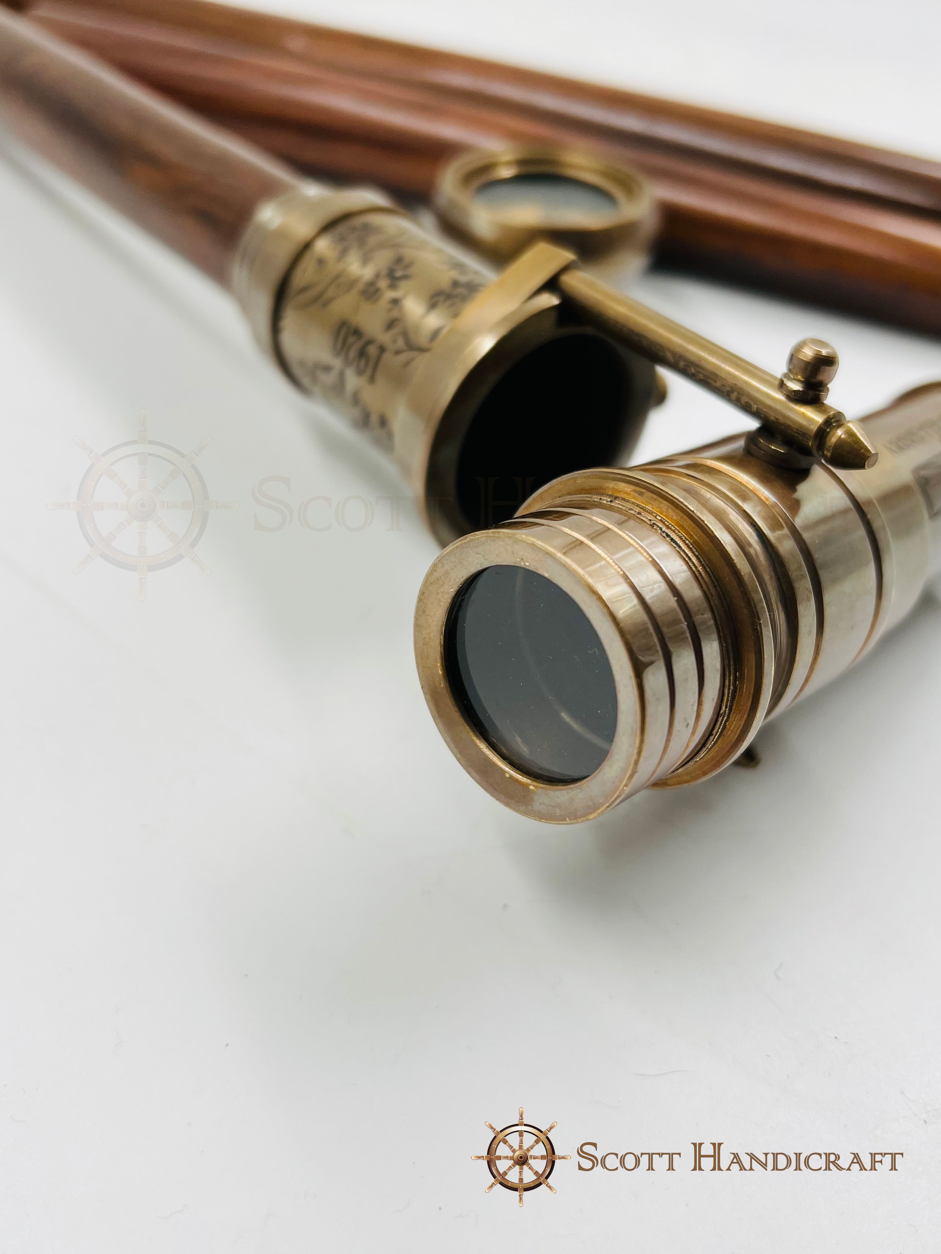 Collapsable Compass Vintage Wooden Walking Stick – Functional Brass Telescope & Compass, C
