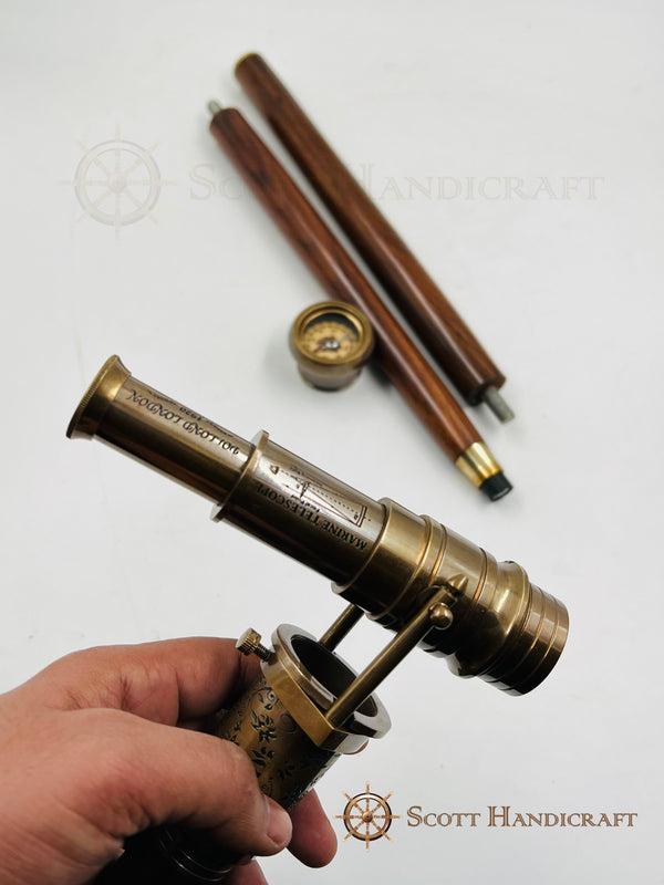 Collapsable Compass Vintage Wooden Walking Stick – Functional Brass Telescope & Compass, C