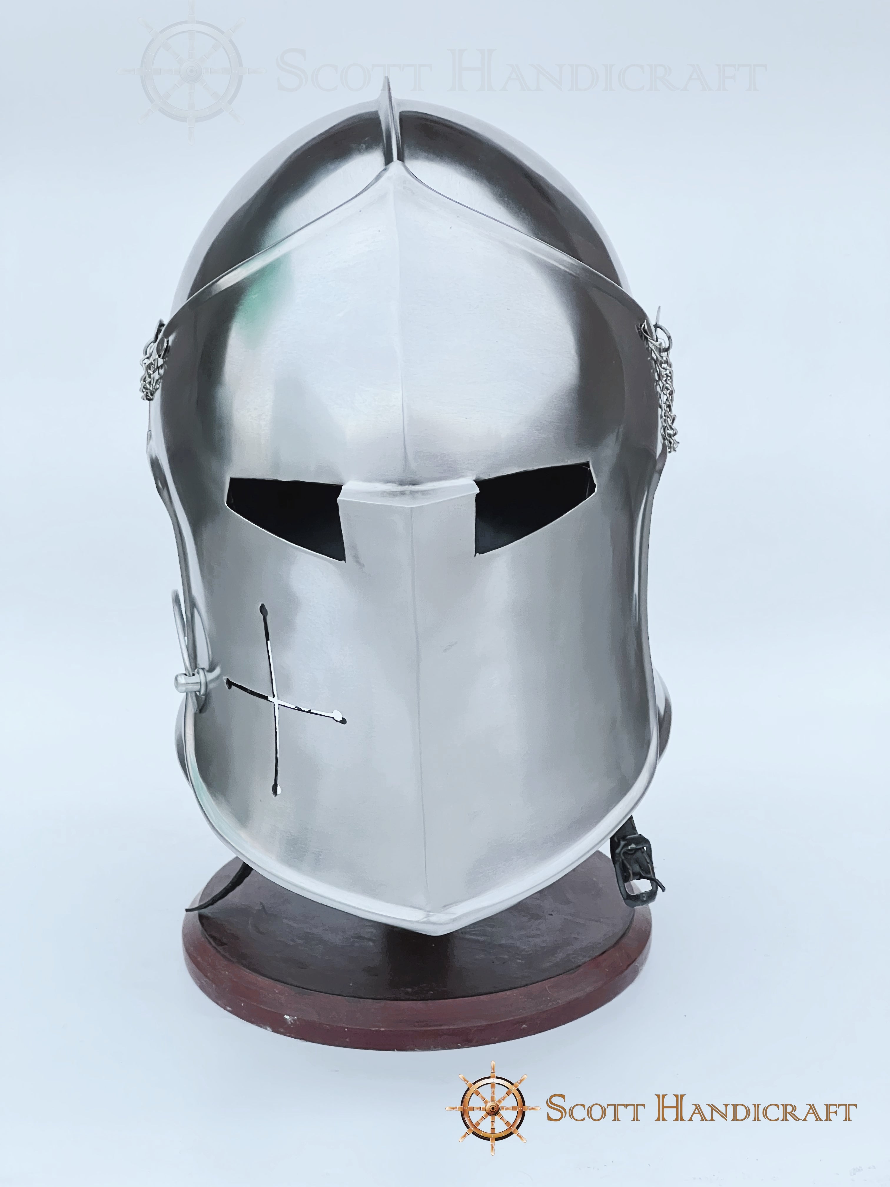 Barbuta Helmet Knights Templar Crusader Helmet (Steel) - Free Wooden Stand