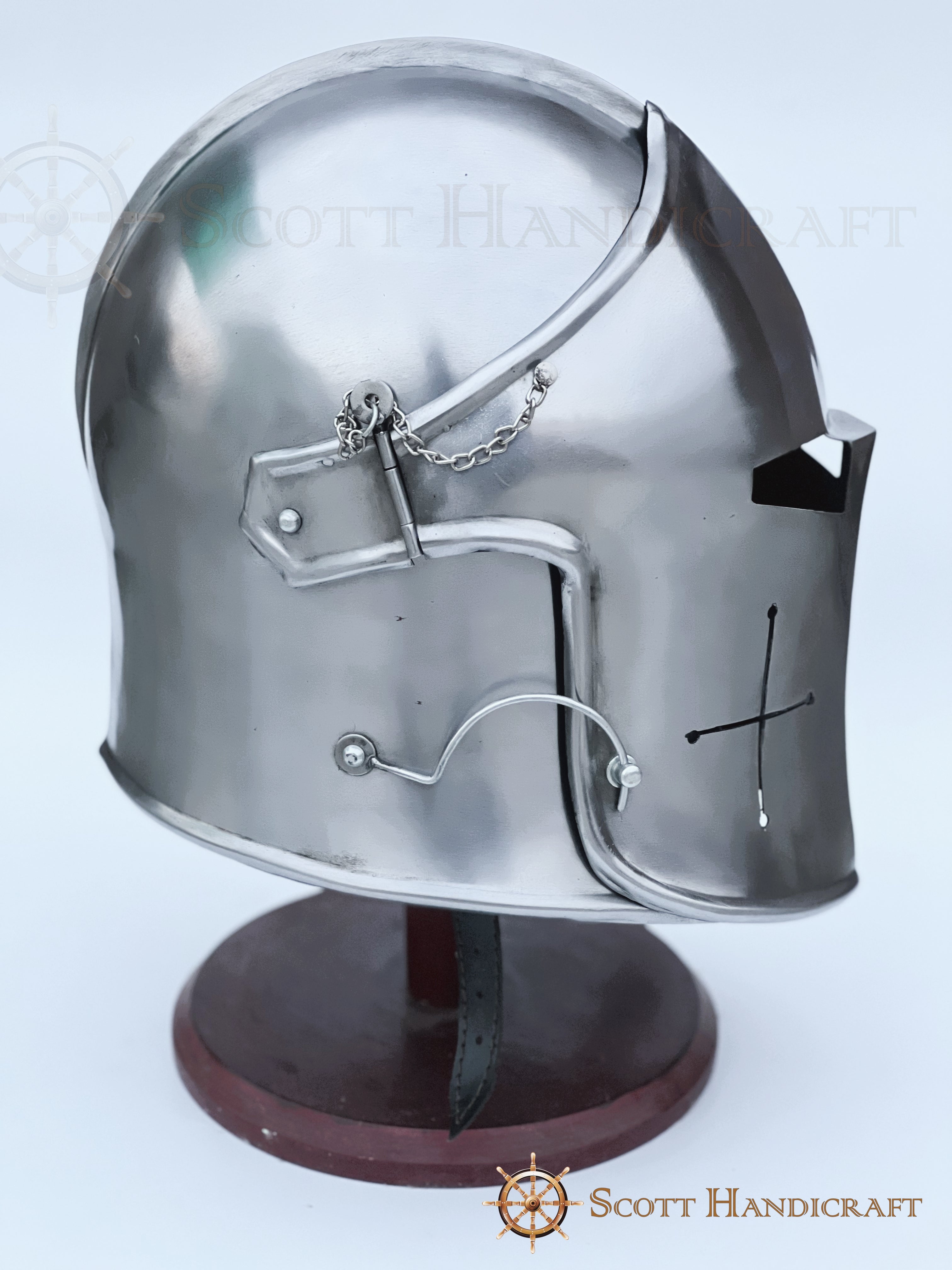 Barbuta Helmet Knights Templar Crusader Helmet (Steel) - Free Wooden Stand