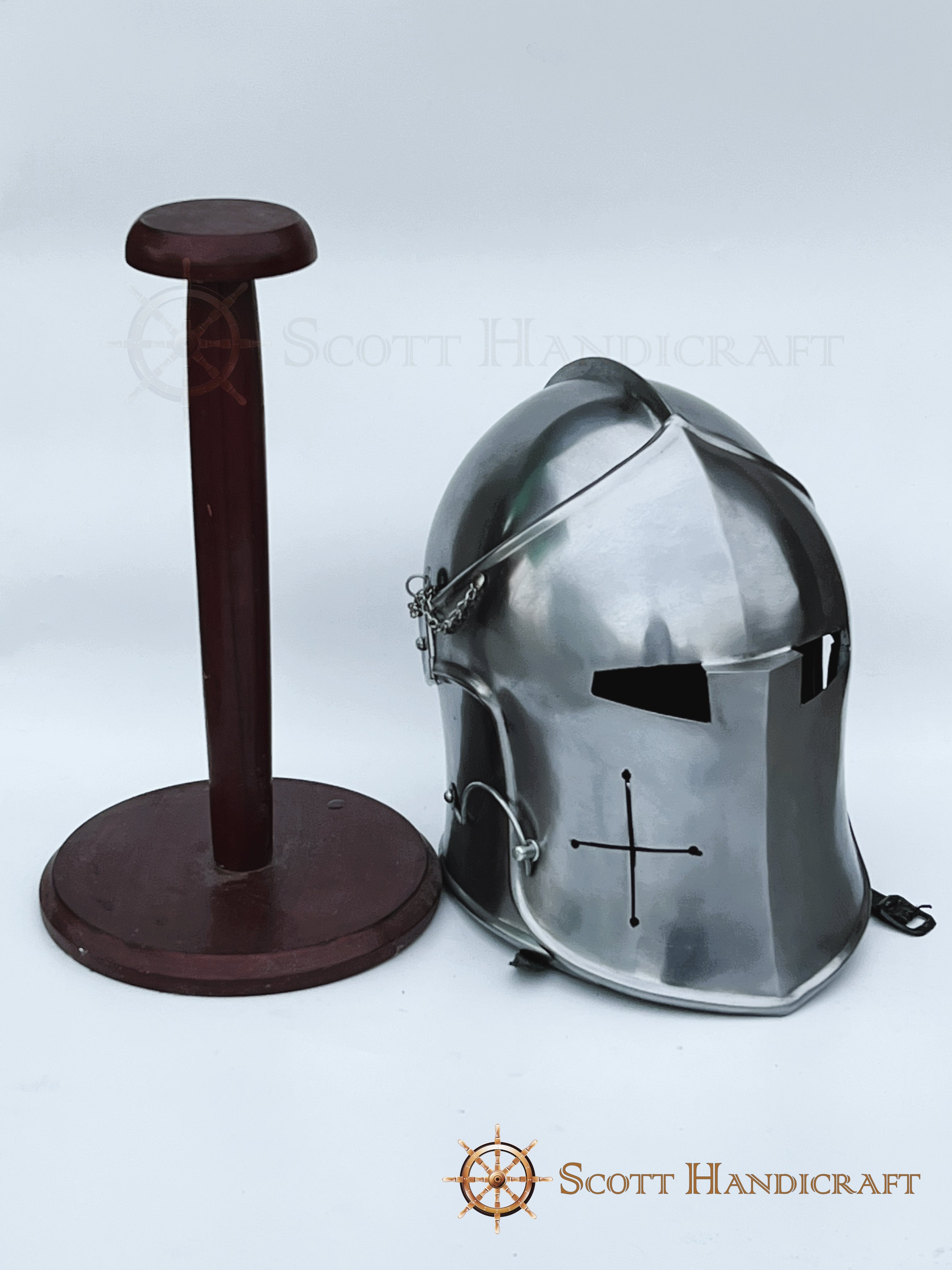 Barbuta Helmet Knights Templar Crusader Helmet (Steel) - Free Wooden Stand