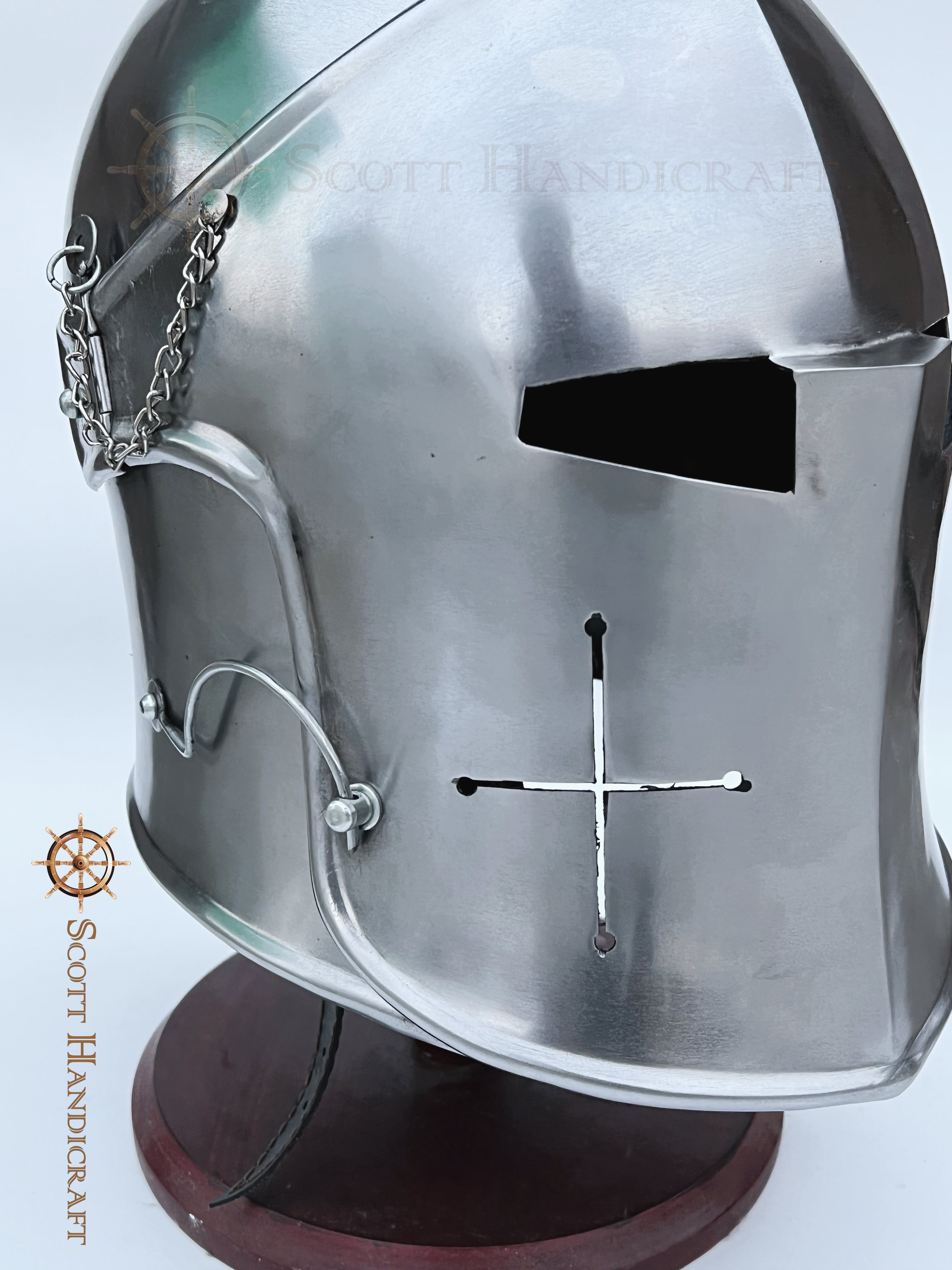 Barbuta Helmet Knights Templar Crusader Helmet (Steel) - Free Wooden Stand