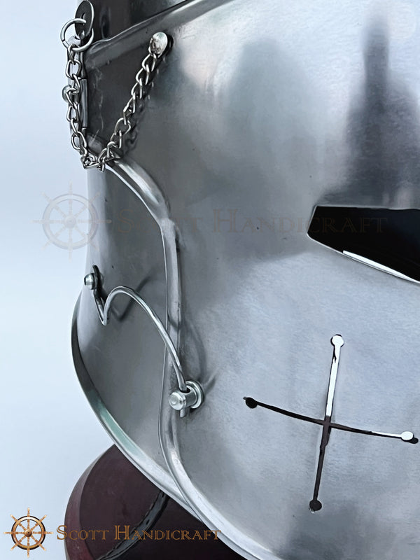 Barbuta Helmet Knights Templar Crusader Helmet (Steel) - Free Wooden Stand