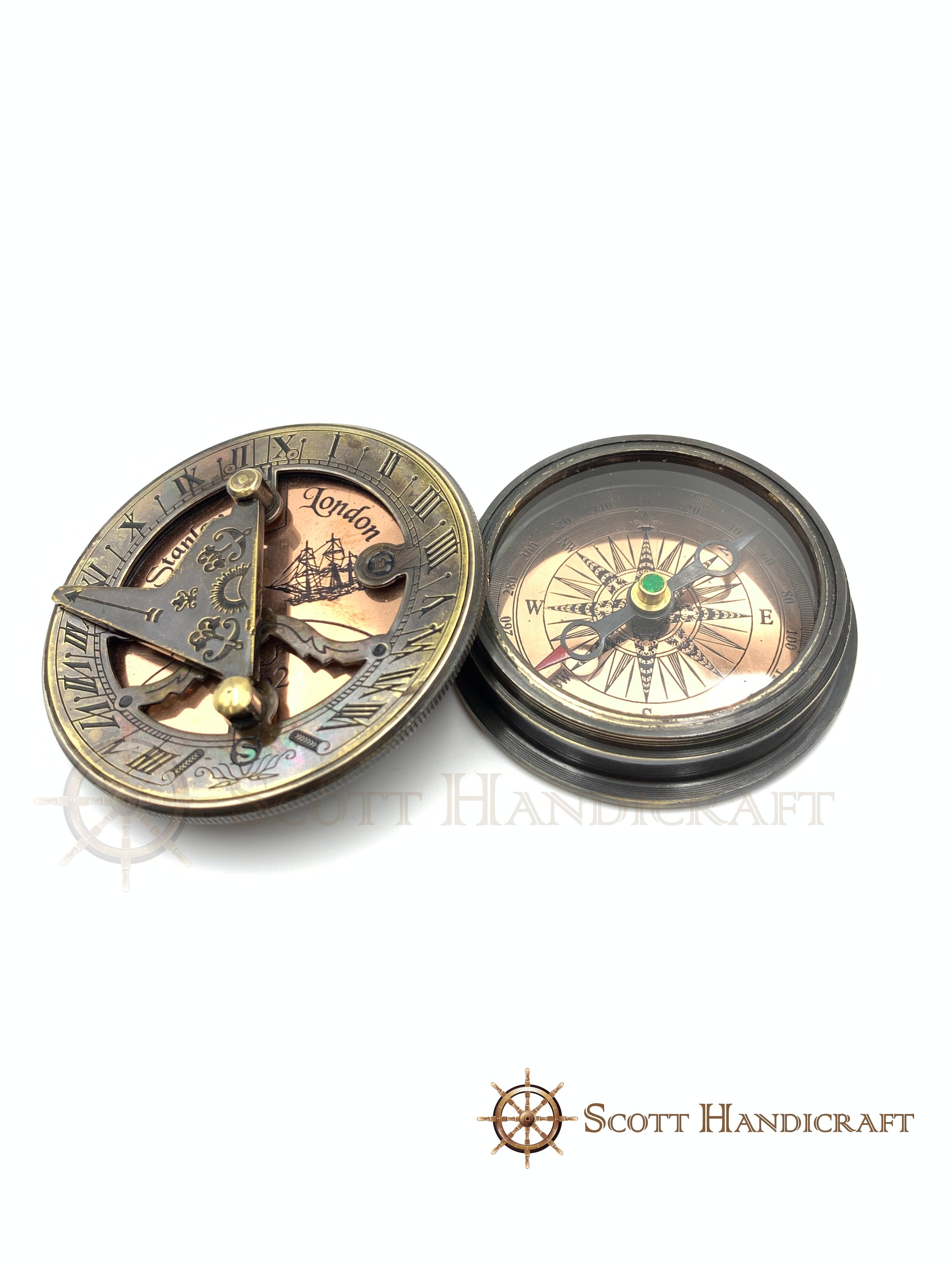 Beautifully Handcrafted Stanley London Replica sundial compass with wooden box