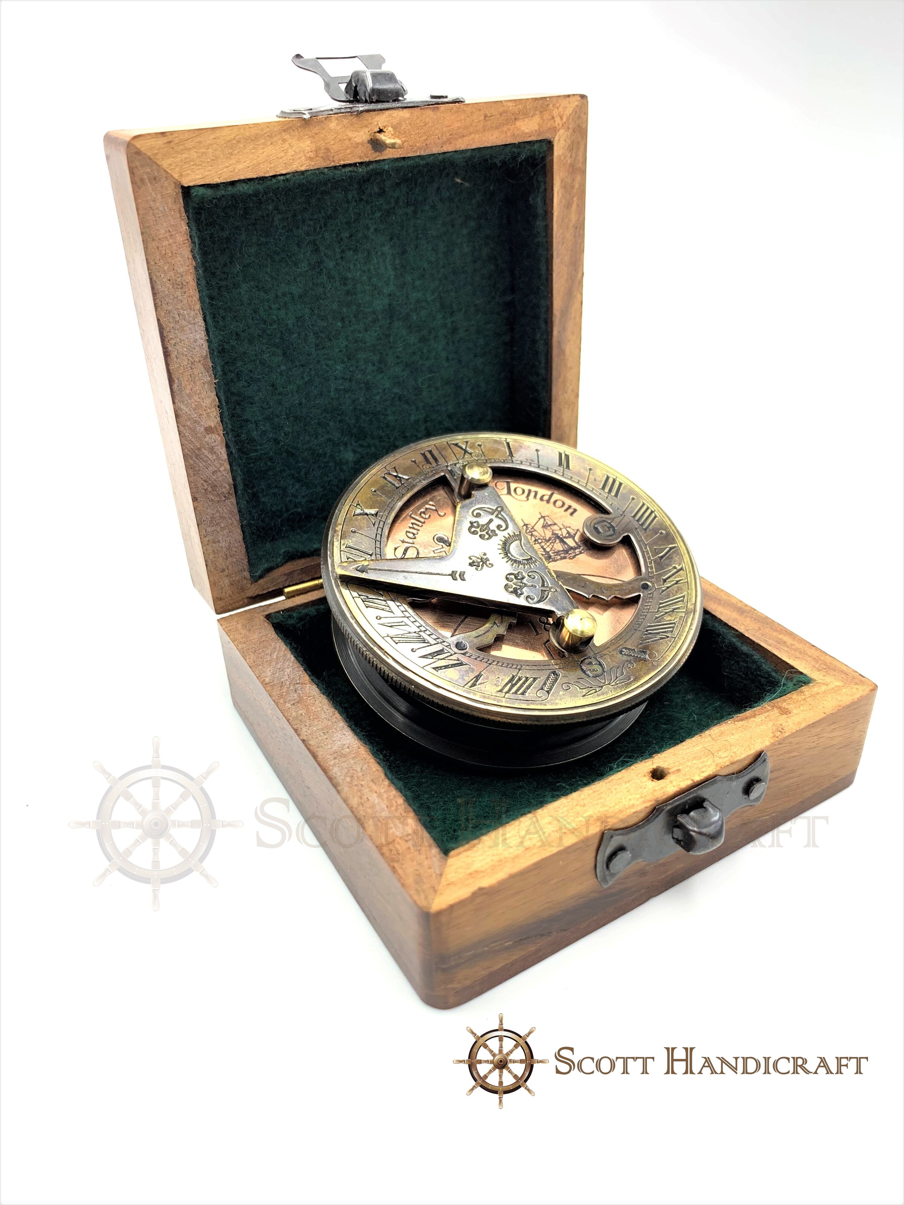 Beautifully Handcrafted Stanley London Replica sundial compass with wooden box