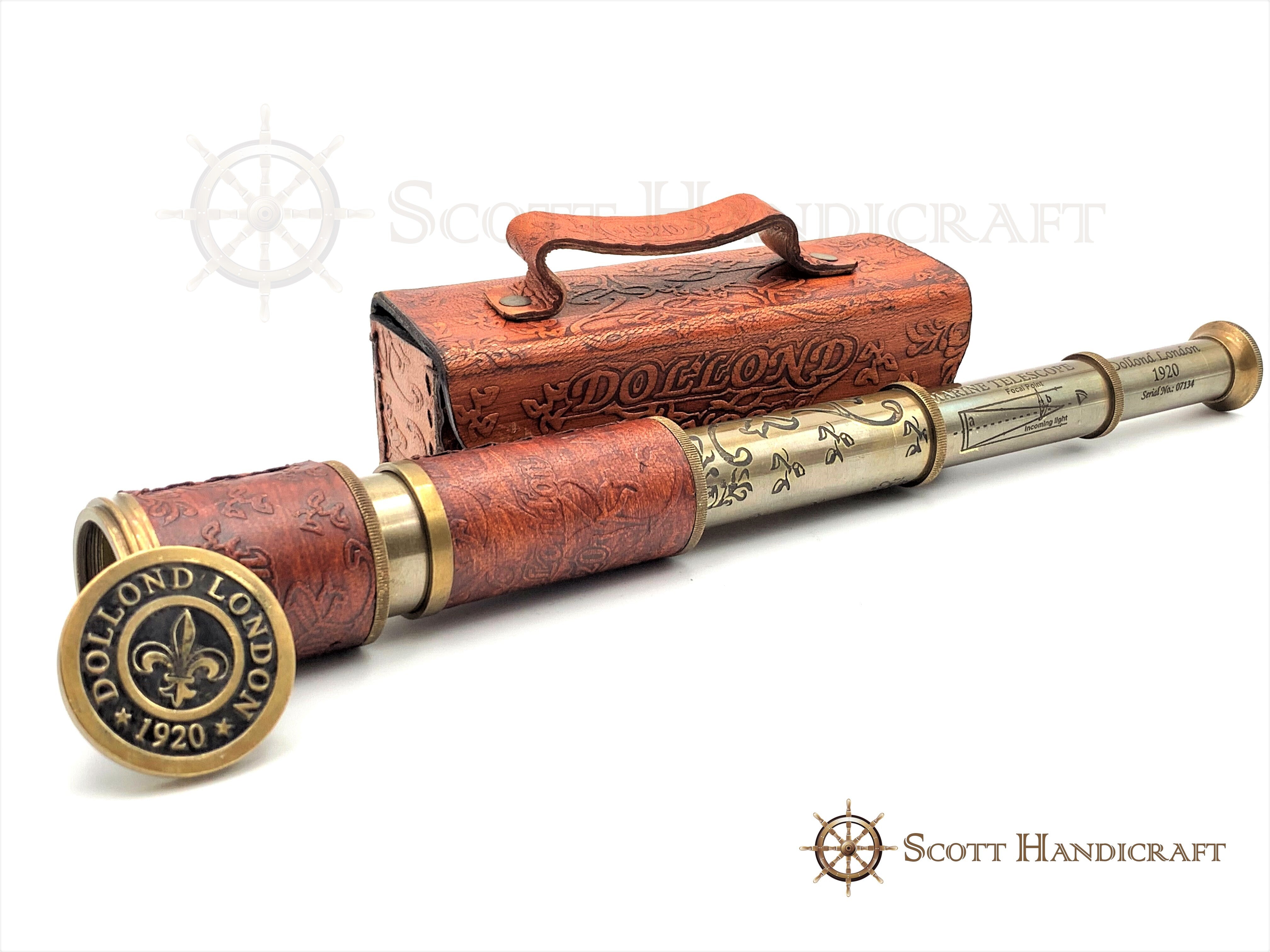 Brass & Leather Dolland London 1920  model Nautical Telescope with Leather Box - Scott Handicraft