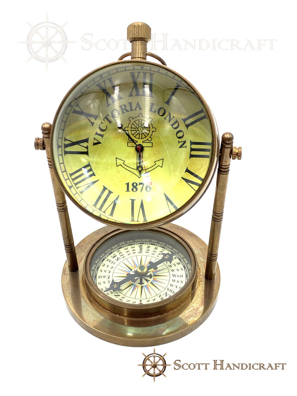 Antique Model Victorian London 1876 Old Style Brass Clock Watch with Compass Vintage Desk Table/Office Table Decor