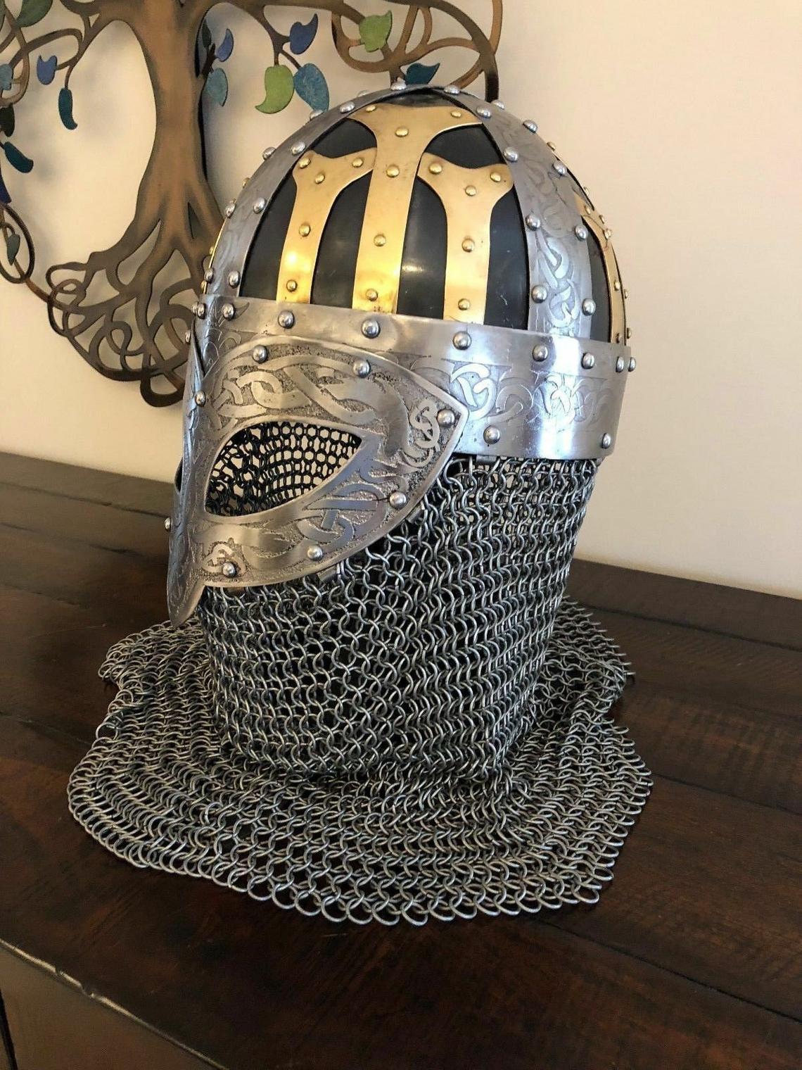 Viking Helmet Vendal Steel & Brass Viking Helmet Chain mail Helmet