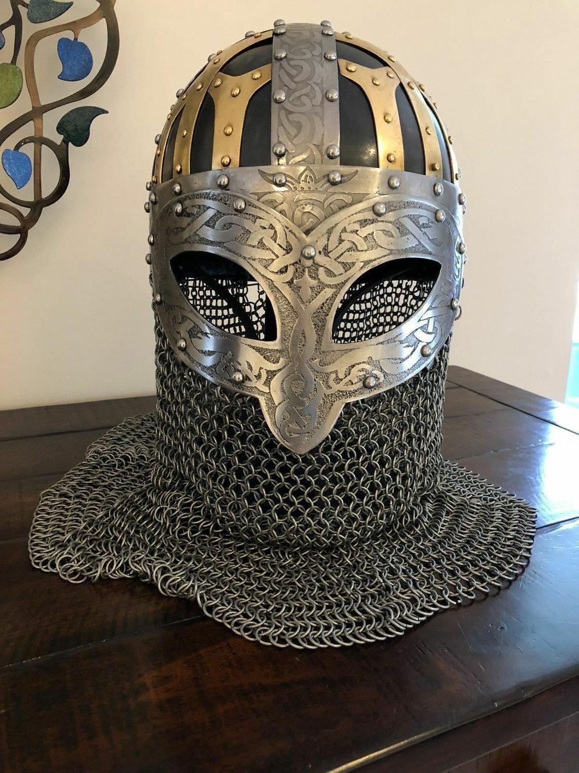 Viking Helmet Vendal Steel & Brass Viking Helmet Chain mail Helmet