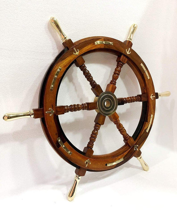 24" Ship Wheel with Brass Knob - Handcrafted Pirate Rustic Captain's Wall Décor for Home