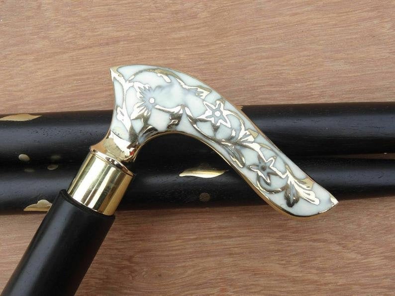 White Flower Leaf Victorian Handle handmade brass walking stick.