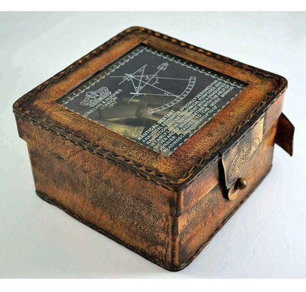 Solid Brass Sextant With Handmade Leather Case-Marine Gift.