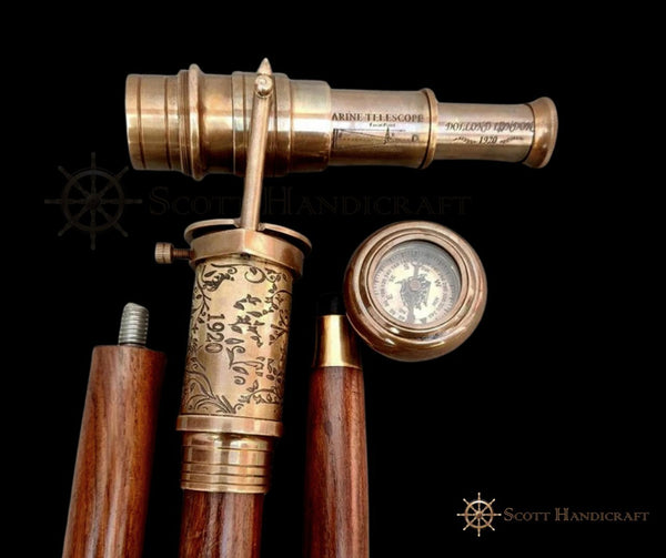 Collapsable Compass Vintage Wooden Walking Stick – Functional Brass Telescope & Compass, C