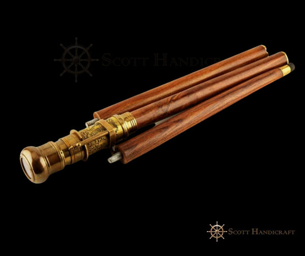 Collapsable Compass Vintage Wooden Walking Stick – Functional Brass Telescope & Compass, C